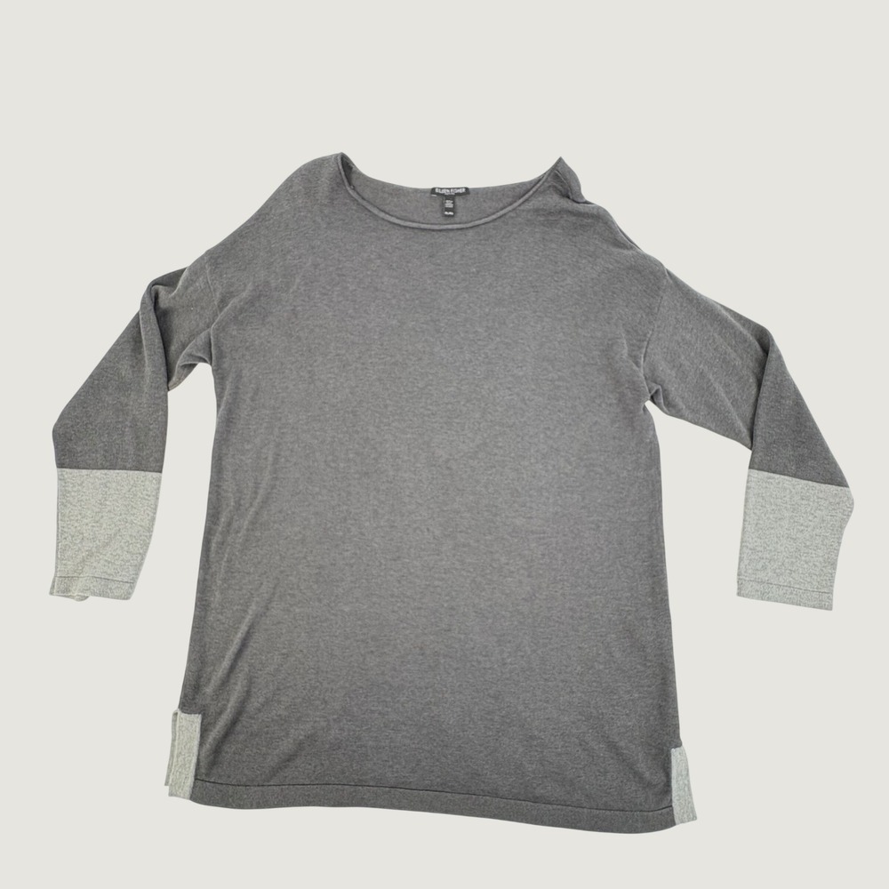 Eileen Fisher Tunic Sweater Womens PLg Grey Tencel Cotton Silk Colorblock Snag